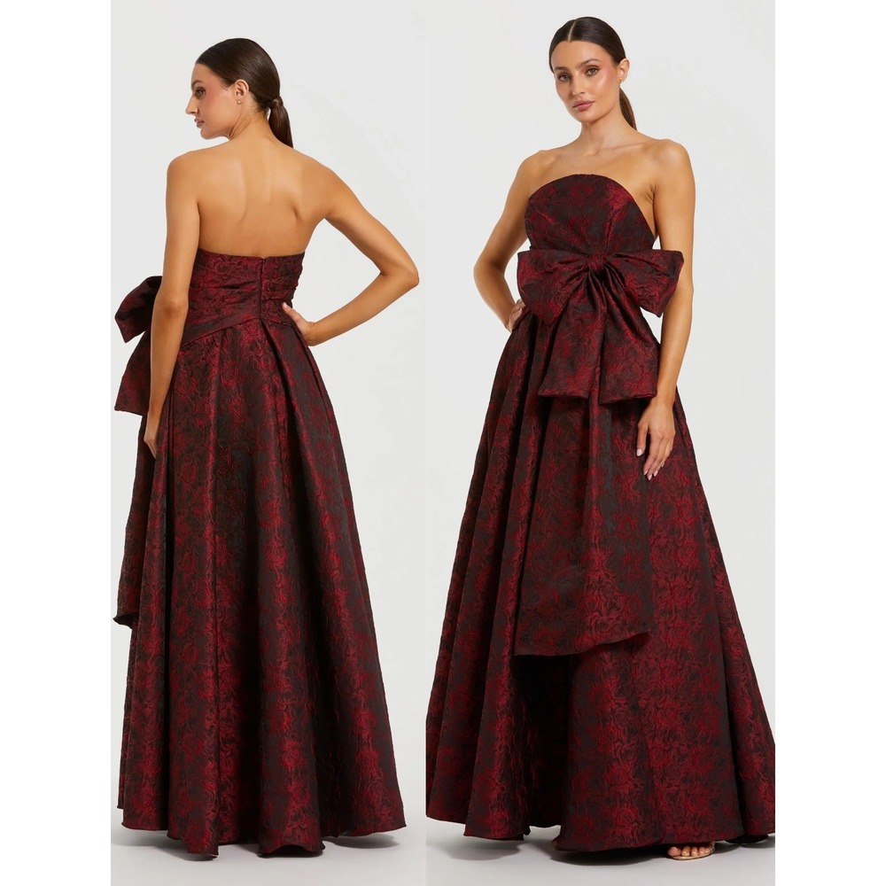 NWT Mac Duggal Red Strapless Brocade Gown With Bow Detail $698 - Size